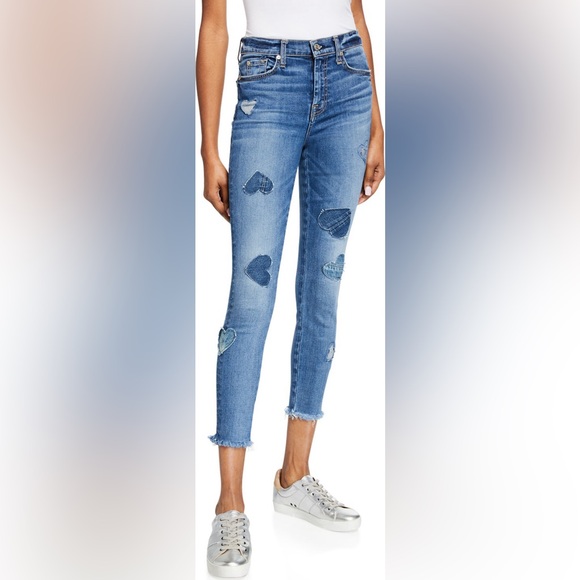 7 for all Mankind High-Rise Cropped Skinny Jeans w/ Heart Patches - Picture 2 of 6